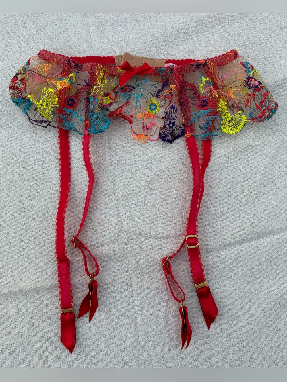 Agent Provocateur Zuri Red Multi Suspender, Floral Sheer Garter Lingerie